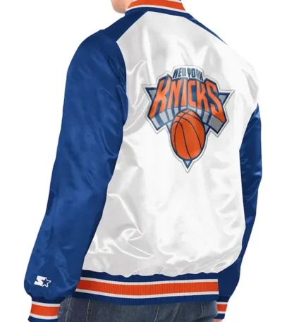 New York Knicks White And Blue Renegade Varsity Satin Jacket