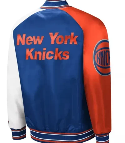 Ny Knicks Reliever Raglan Royal Blue And Orange Satin Jacket