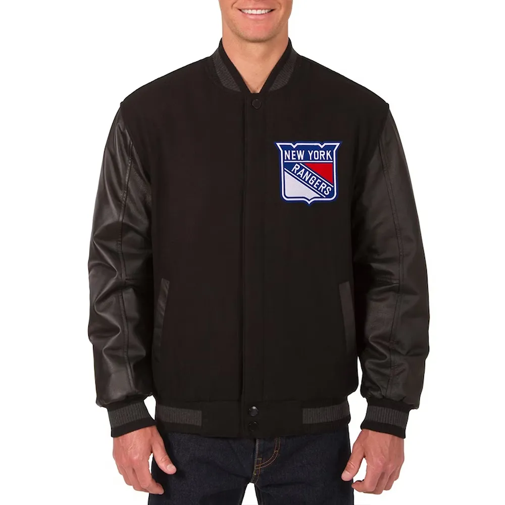 Charcoal-Black NY Rangers Two Hit Varsity Jacket Charcoal-Black NY Rangers Two Hit Varsity Jacket