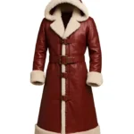 Christmas Red Leather Shearling Hooded Coat for Men