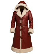 Christmas Red Leather Shearling Hooded Coat for Men