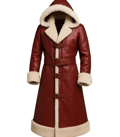 Christmas Red Leather Shearling Hooded Coat for Men