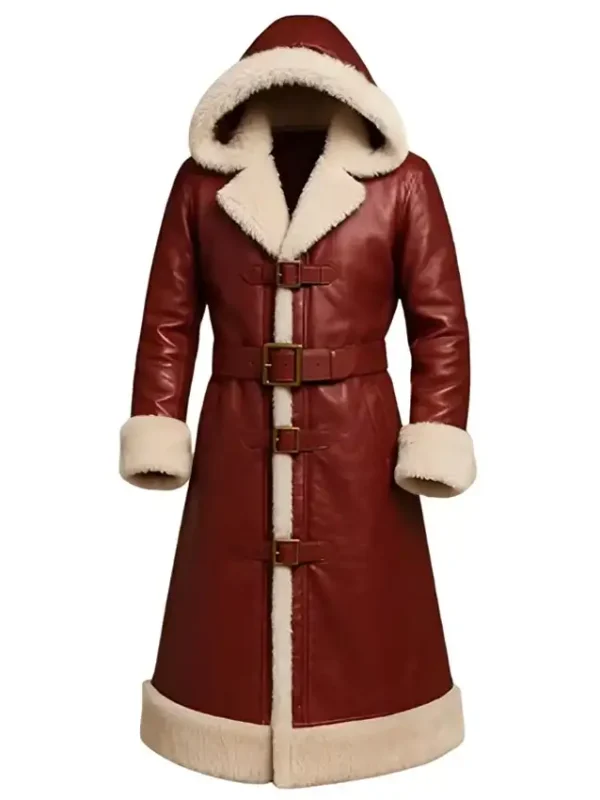 Christmas Red Leather Shearling Hooded Coat for Men