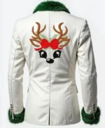 Deer Embroidered White Christmas Blazer