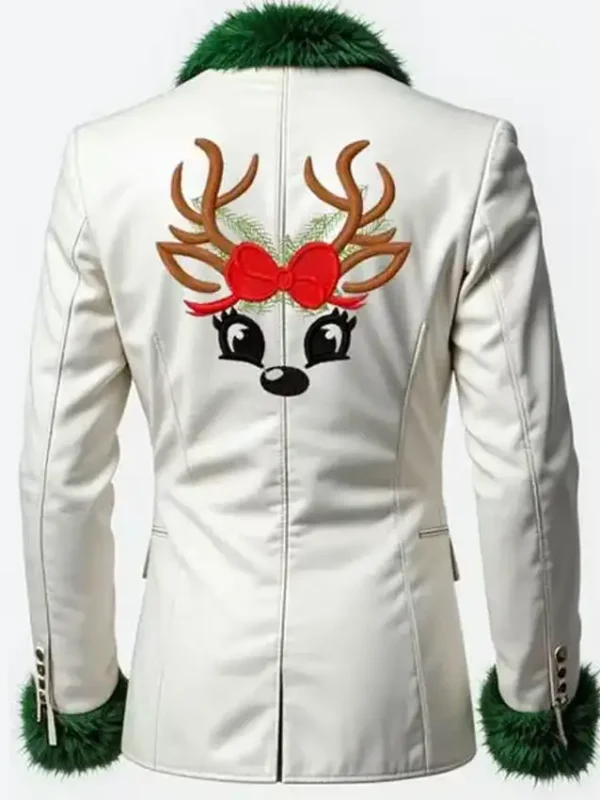 Deer Embroidered White Christmas Blazer