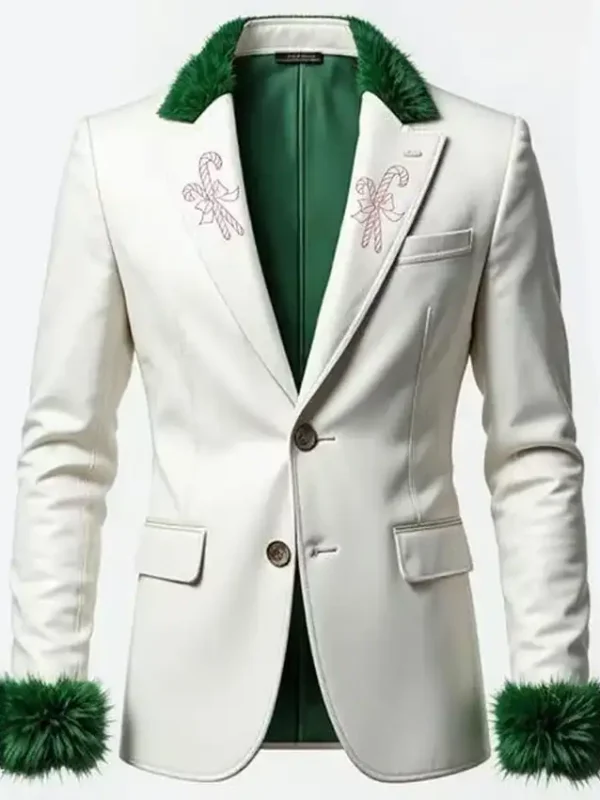 Deer Embroidered White Christmas Blazer