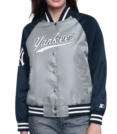 Gray/Navy New York Yankees Home Run Varsity Satin Jacket