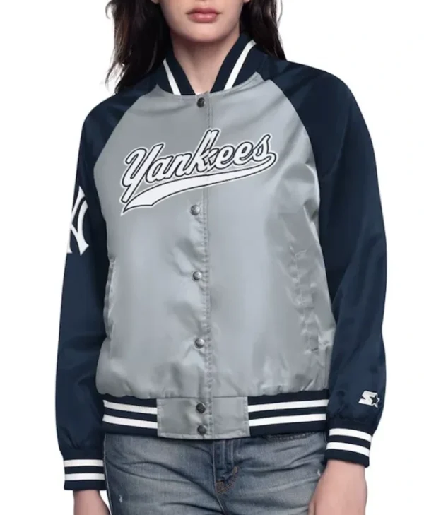 Gray/Navy New York Yankees Home Run Varsity Satin Jacket