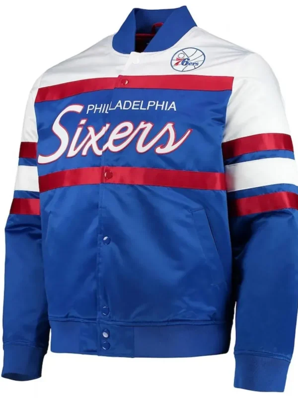 Hardwood Classics Script Philadelphia 76ers Royal Satin Full-Snap Jacket