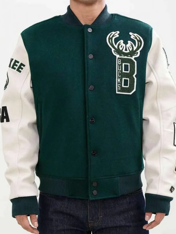 Letterman Milwaukee Bucks Green And White Jacket