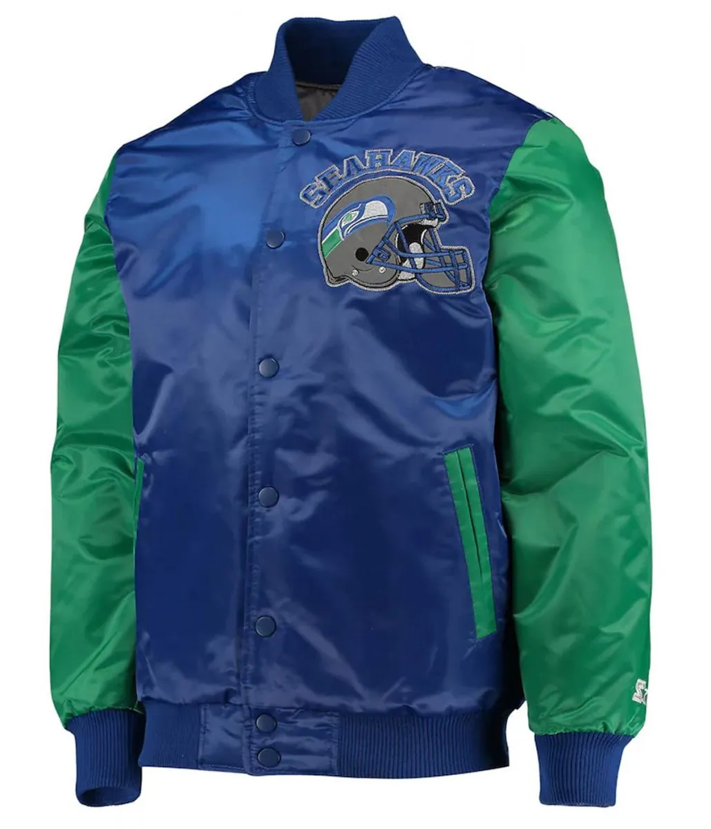Locker Room Seattle Seahawks Throwback Navy and Neon Green Satin Jacket Locker Room Seattle Seahawks Throwback Navy and Neon Green Satin Jacket