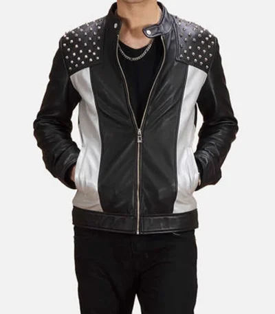 Men Black Jacket With Spiked Studded On Shoulder