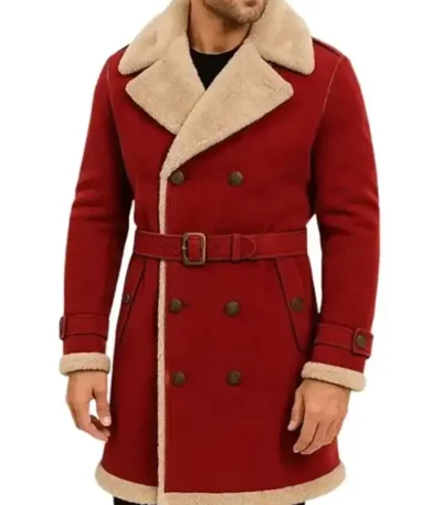 Men’s Christmas Red Shearling Trench Coat