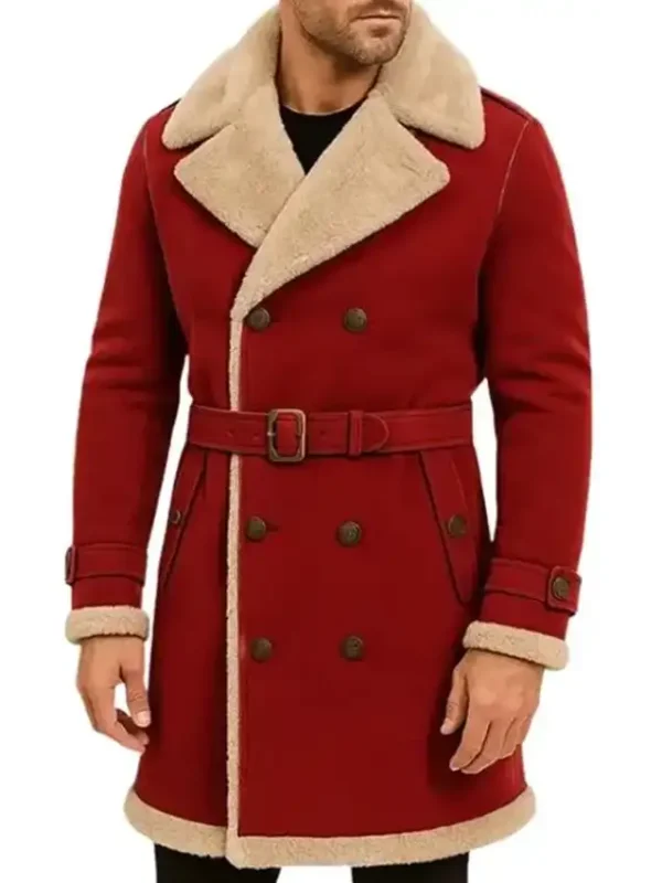 Men’s Christmas Red Shearling Trench Coat