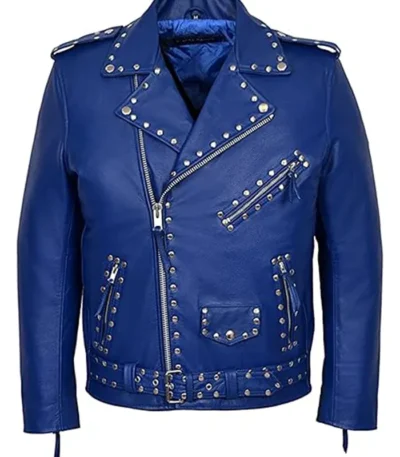 Men’s Classic Motorcycle Blue Studded Jacket