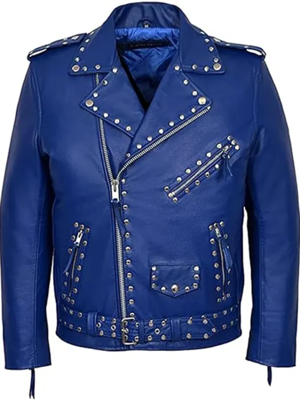 Men’s Classic Motorcycle Blue Studded Jacket