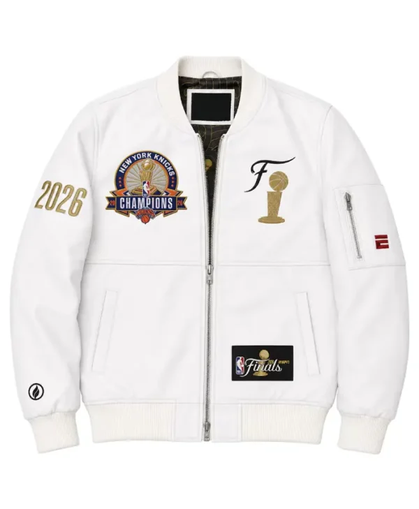 NY Knicks 2026 Finals Champions Team White Leather Jacket