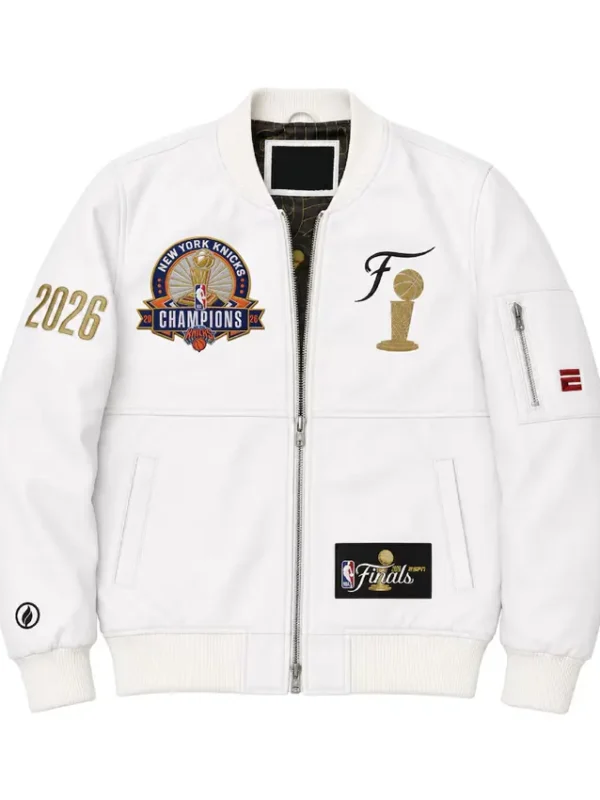 NY Knicks 2026 Finals Champions Team White Leather Jacket
