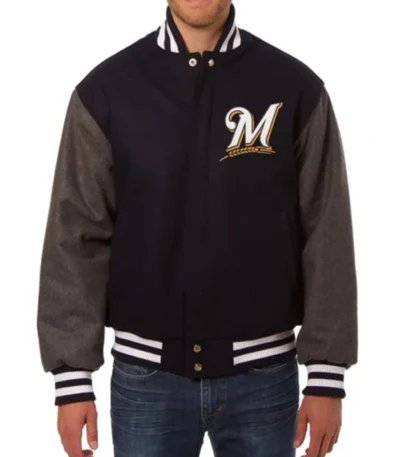 Milwaukee Brewers Black Gray Two Tone Varsity Wool Jacket