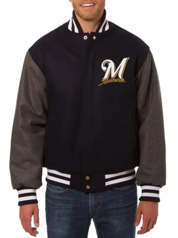 Milwaukee Brewers Black Gray Two Tone Varsity Wool Jacket