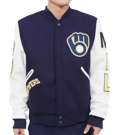 Milwaukee Brewers Letterman Navy and White Jacket