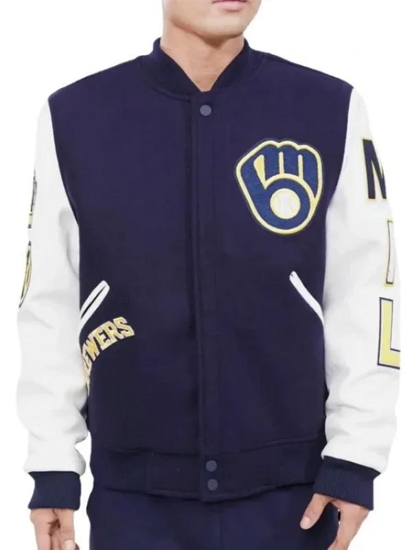 Milwaukee Brewers Letterman Navy and White Jacket