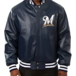 Milwaukee Brewers Navy Varsity Leather Jacket