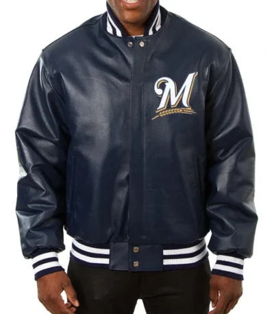 Milwaukee Brewers Navy Varsity Leather Jacket