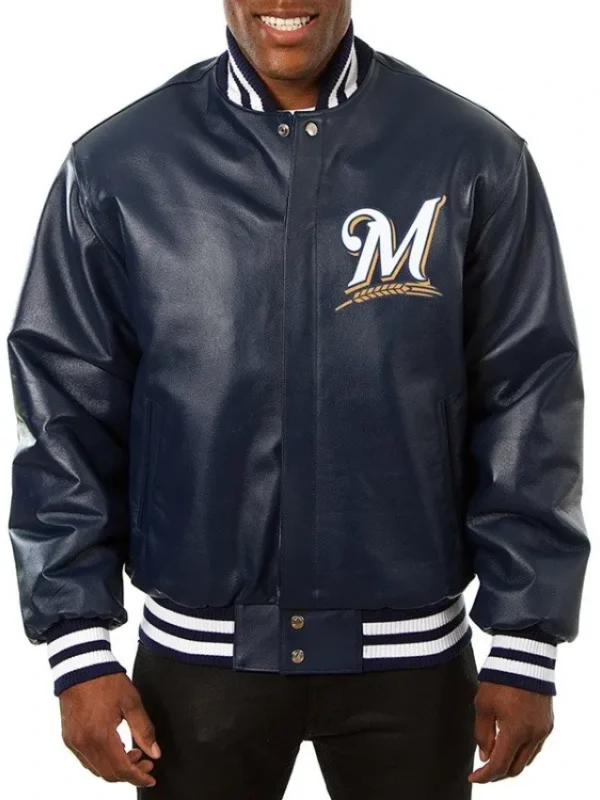 Milwaukee Brewers Navy Varsity Leather Jacket
