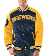 Milwaukee Brewers Renegade Navy/Gold Varsity Satin Jacket