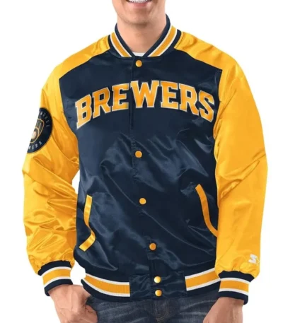 Milwaukee Brewers Renegade Navy/Gold Varsity Satin Jacket