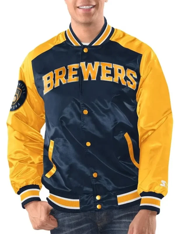 Milwaukee Brewers Renegade Navy/Gold Varsity Satin Jacket