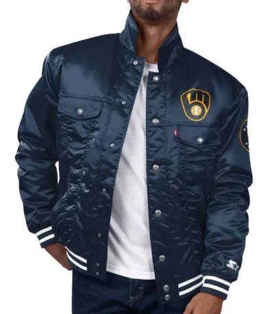 Milwaukee Brewers Navy Silver Tab Trucker Satin Jacket