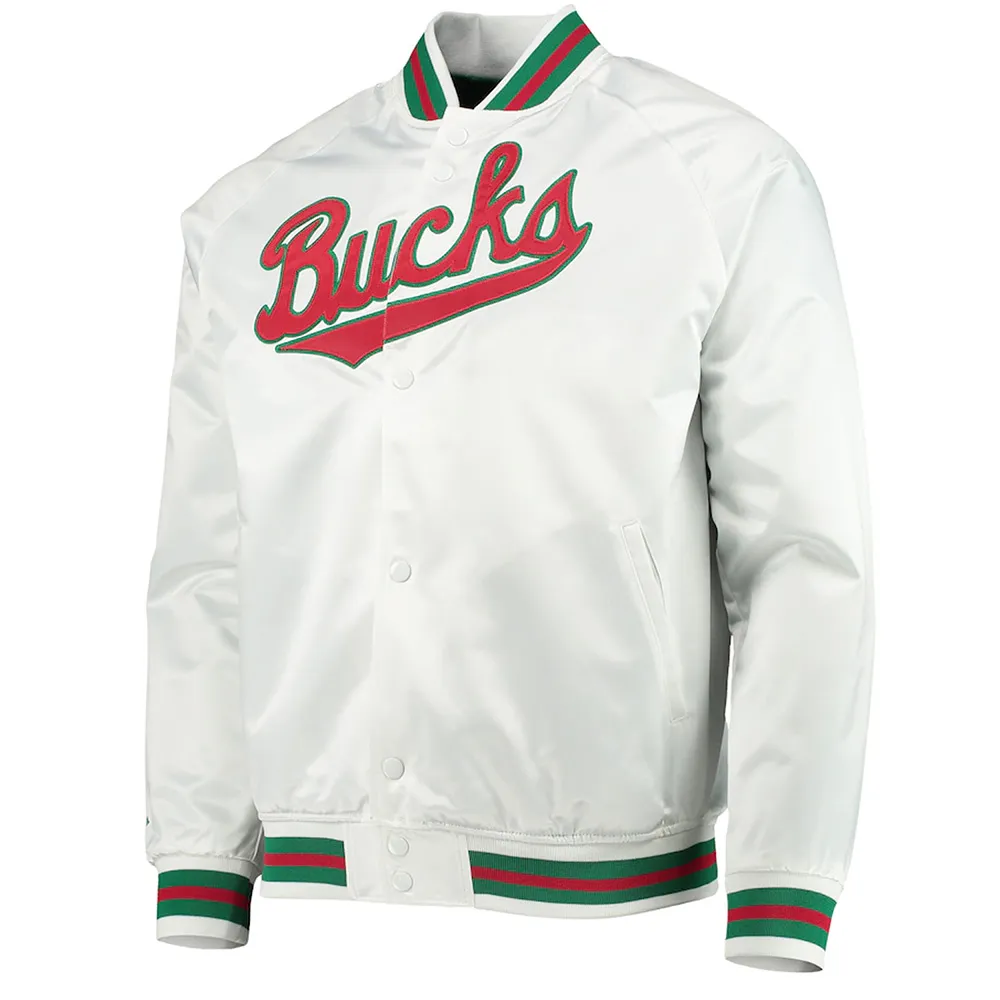 Milwaukee Bucks Hardwood Classics White Satin Jacket Milwaukee Bucks Hardwood Classics White Satin Jacket