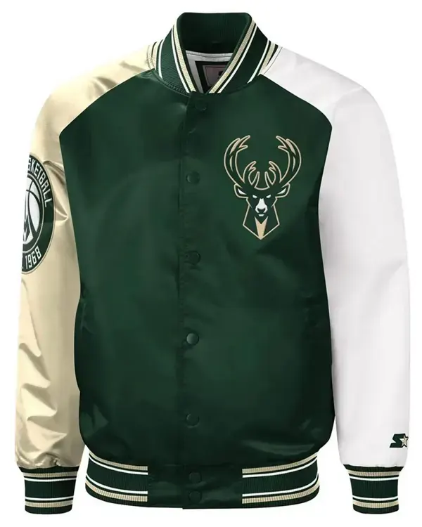 Milwaukee Bucks Hunter Varsity Green and Cream Satin Jacket