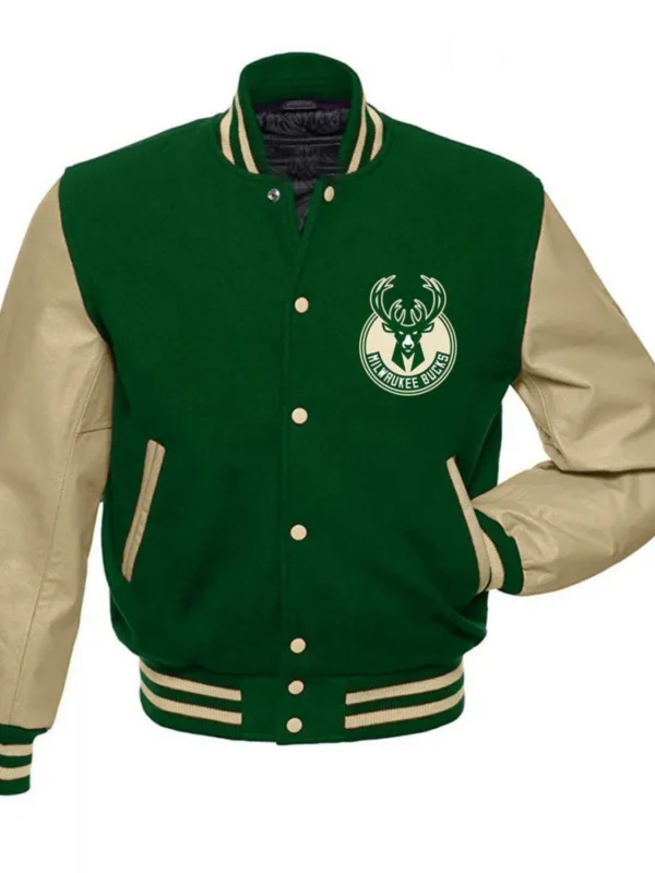 Milwaukee Bucks Letterman Beige And Green Jacket