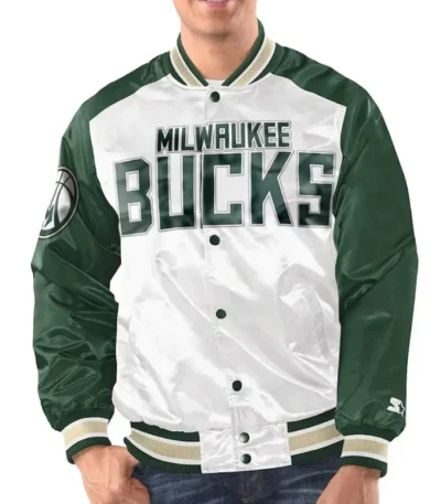 Milwaukee Bucks Renegade White/Hunter Green Varsity Satin Jacket