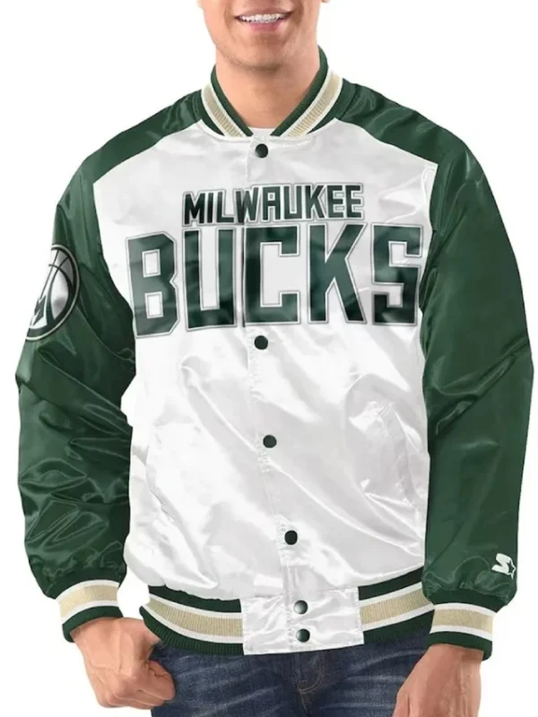 Milwaukee Bucks Renegade White/Hunter Green Varsity Satin Jacket