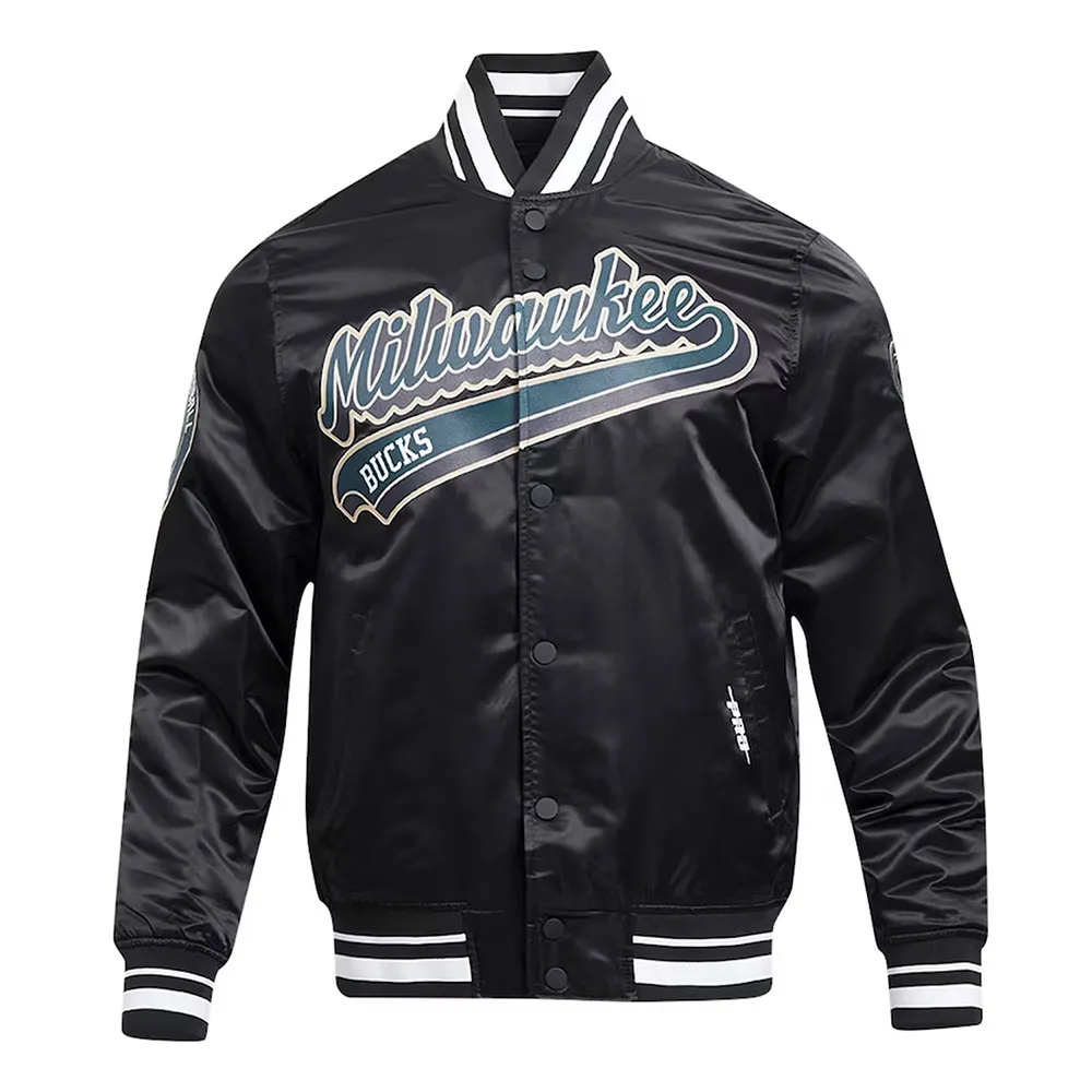 Milwaukee Bucks Script Tail Black Satin Jacket Milwaukee Bucks Script Tail Black Satin Jacket
