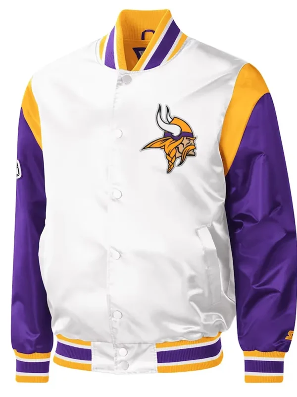 Minnesota Vikings Throwback Warm Up Pitch Varsity White-Purple Satin Jacket