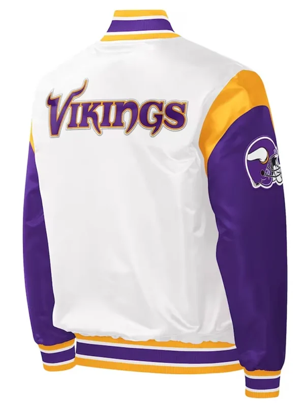 Minnesota Vikings Throwback Warm Up Pitch Varsity White-Purple Satin Jacket