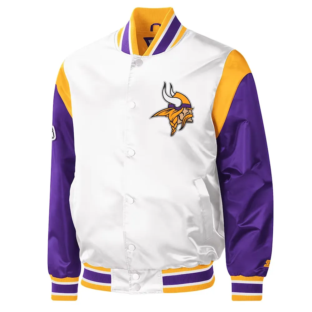 Minnesota Vikings Throwback Warm Up Pitch Varsity White-Purple Satin Jacket Minnesota Vikings Throwback Warm Up Pitch Varsity White-Purple Satin Jacket