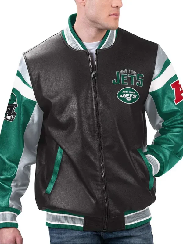 NY Jets Black Varsity Full-Zip Leather Jacket