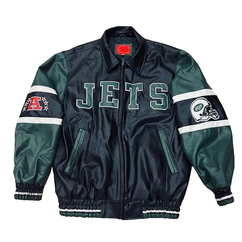 NY Jets Black and Green Varsity Leather Jacket NY Jets Black and Green Varsity Leather Jacket