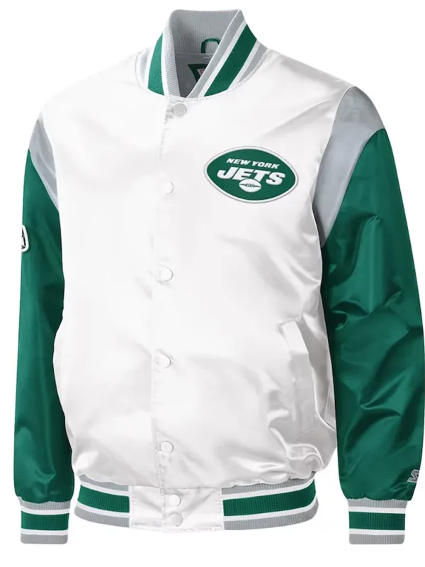NY Jets Throwback Warm Up Pitch Varsity Satin Jacket