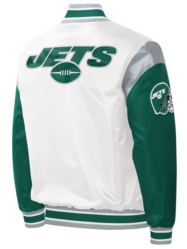 NY Jets Throwback Warm Up Pitch Varsity Satin Jacket