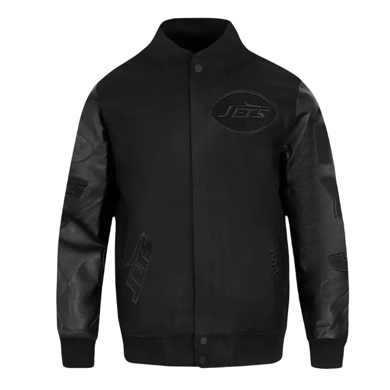 NY Jets Triple Black Varsity Wool-Leather Jacket NY Jets Triple Black Varsity Wool-Leather Jacket