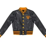 NY Knicks Cropped Leather Varsity Jacket