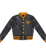NY Knicks Cropped Leather Varsity Jacket