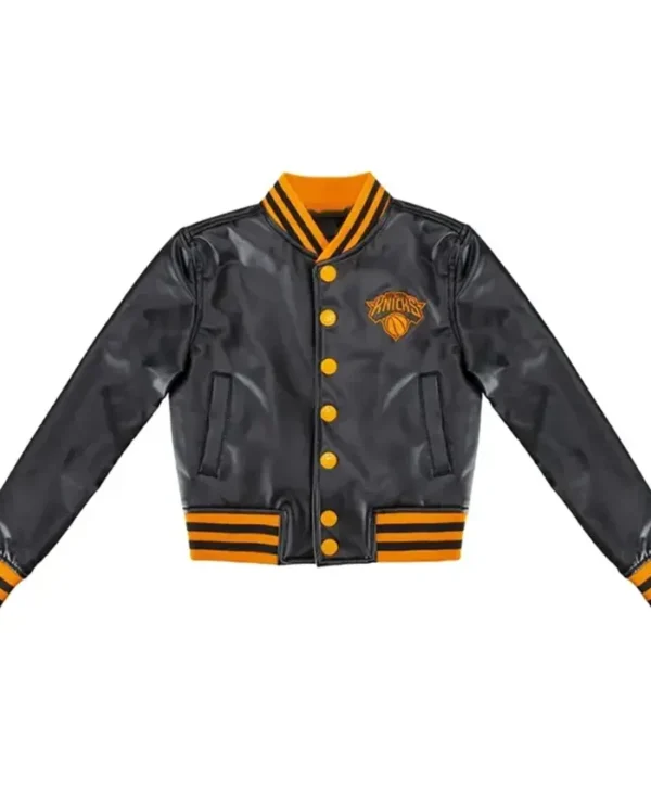 NY Knicks Cropped Leather Varsity Jacket